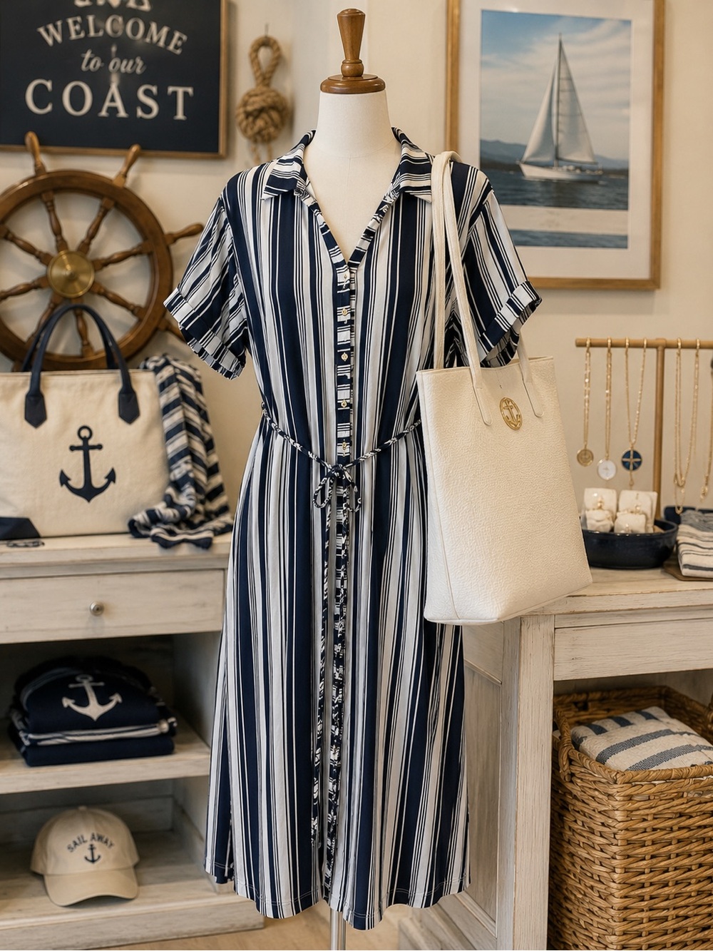 Source Unknown Navy and White Striped Button-Front Midi Dress